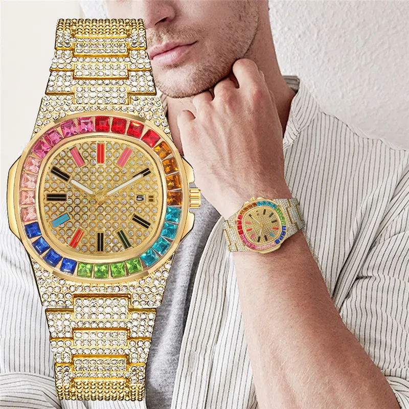 

WJ-10426 Hip Hop Colorful Diamond Men Wristwatch Color Square Dial Diamond Fashion Alloy Quartz Watch Calendar Watch For Men, Mix