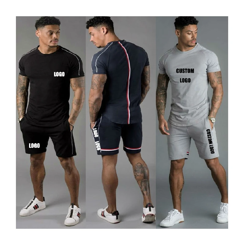 

Free shipping Custom Logo Summer Sportswear Shirt And Shorts Set For Men Cotton Running Custom Men Short Set