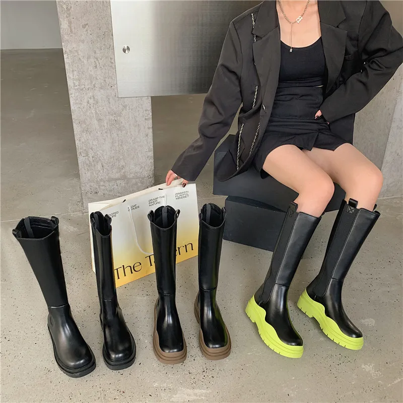 

TX Autumn thin women's 2021 new breathable mid-to-high fashion British style thick-soled knee high boots, Color matching