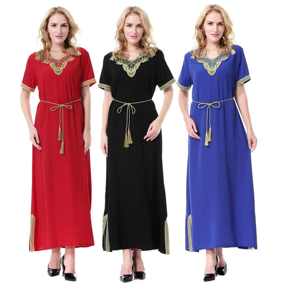 

Plus Size Short Sleeve Ribbon Lace Embroidery Middle East Arabian Robe Muslim Caftan Dubai Dress for Women Islamic Clothing
