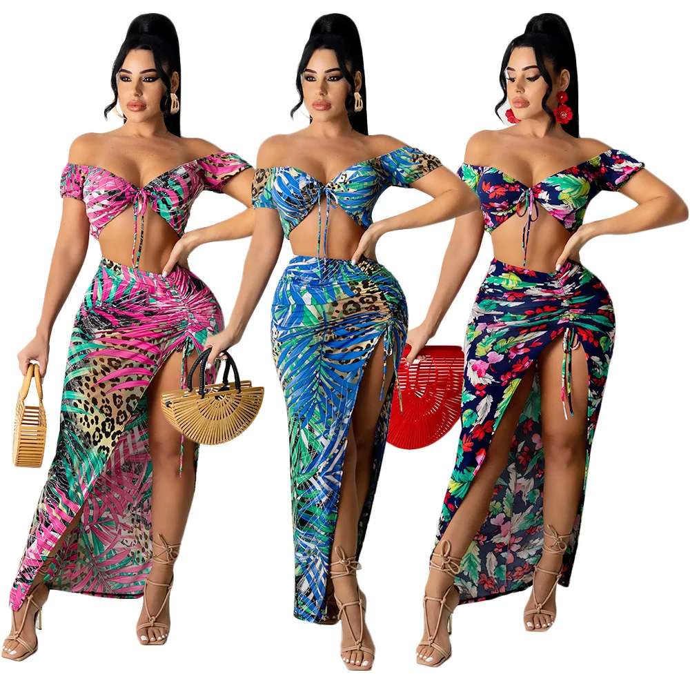 

Summer Outfits Women Fashion Beach Cover Up 2 Piece Sexy Lace Up Print Top Drawstring Skirt Two Piece Set, Customized color