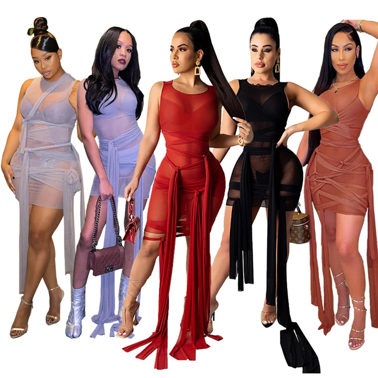 

R8901-2021 new fashion sleeveless see through mesh dress bandage sexy bodycon dress