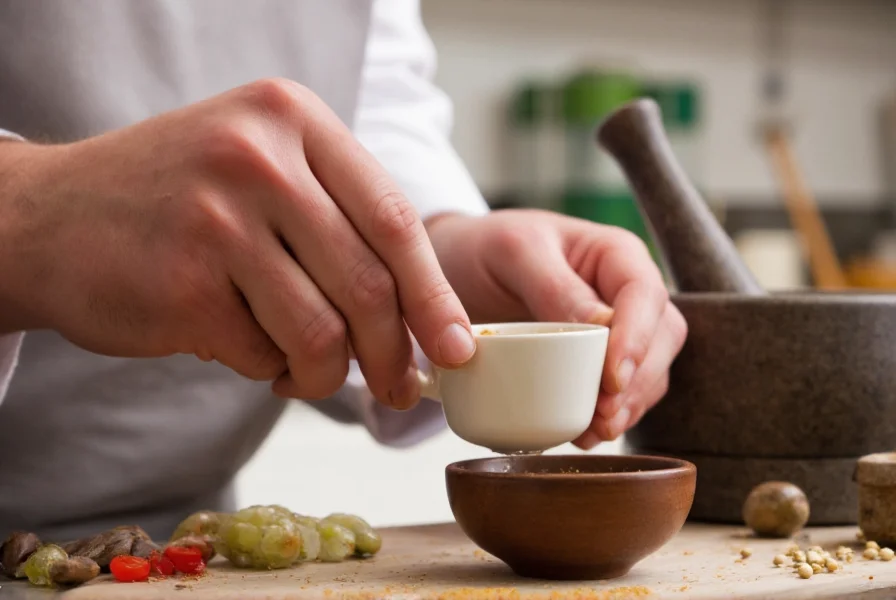 Chef measuring pepper powder into a dish with mortar and pestle visible in background
