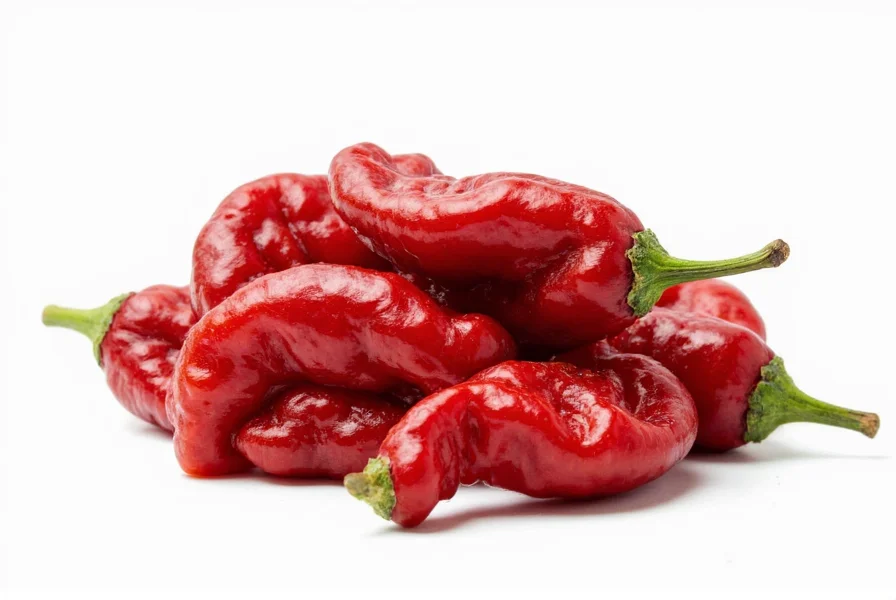 Close-up photograph of Pepper X chili peppers showing their distinctive bumpy texture and deep red color against a white background