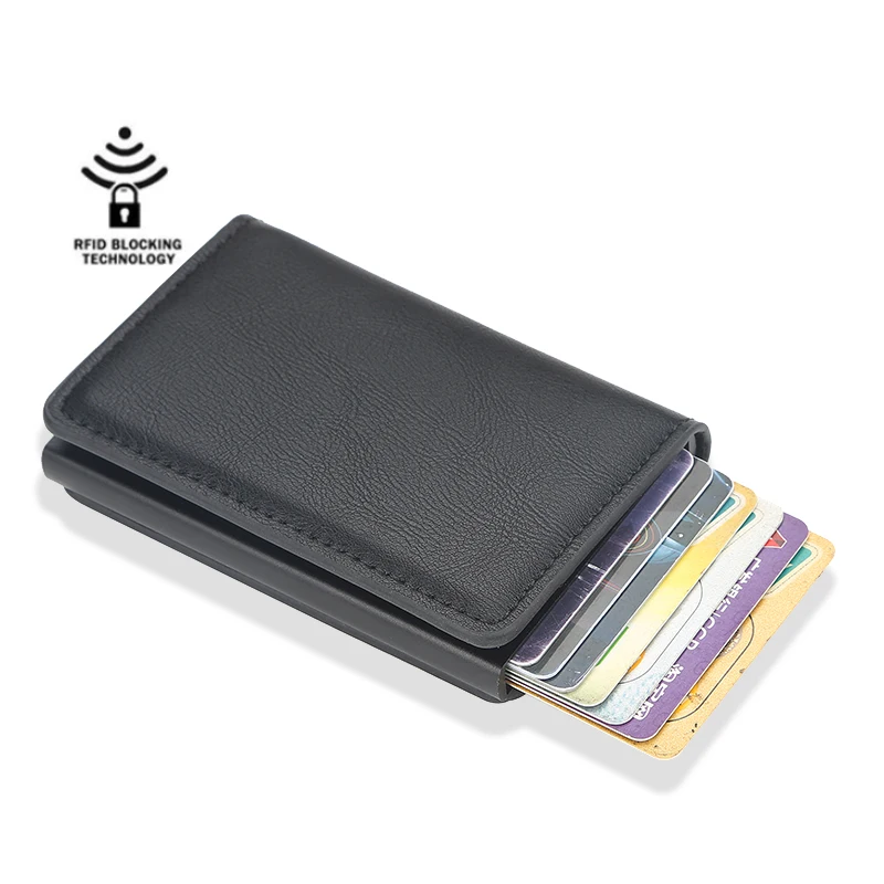

Factory High End Pops Up Folding Credit Card Clip Men's PU Leather Wallets RFID Block Metal Aluminum Card Holder Case, Black brown coffee blue wine red