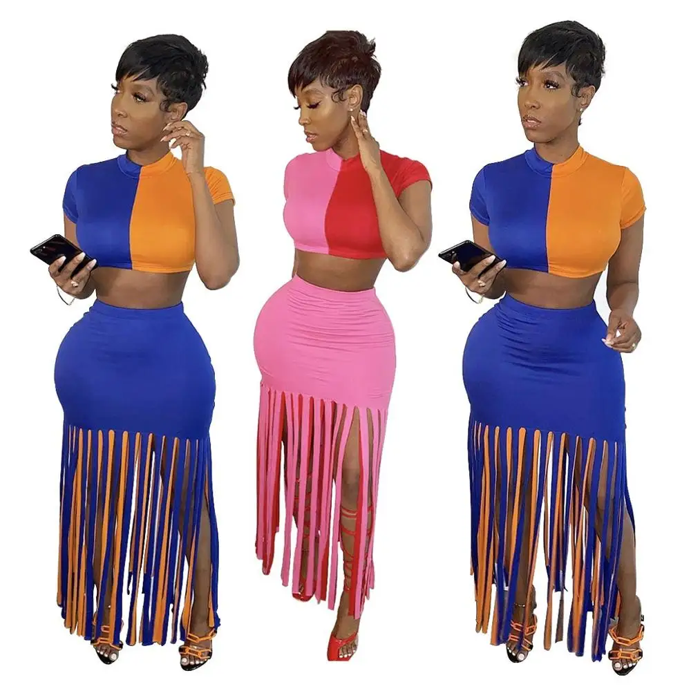 

2022 New Arrivals Fashion Women Casual O-Neck Short Sleeve Crop Top Tassel Skirt 2 Pieces Set Color Patchwork Tassel Dress