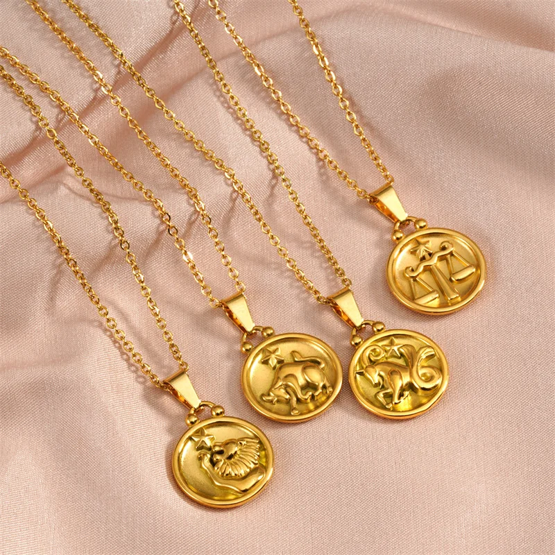 

2023 New 18k Gold Plated Double Faced Relief Zodiac Coin Pendant Necklaces 12 Constellations Round Pendant Necklace