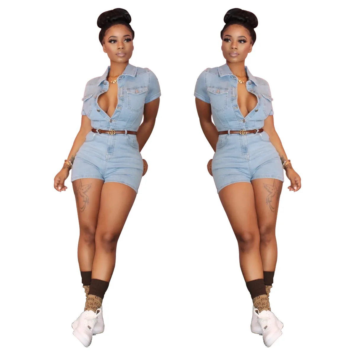 

WY6655 Best quality casual sale cheap online women sexy short sleeves rompers denim button romper women sexy romper jumpsuit