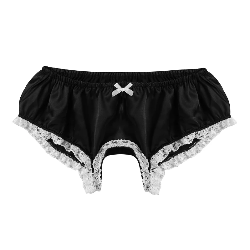 

New Arrived Male Open Crotch Underwear Ruffled Lace Satin Sissy Panties For Men
