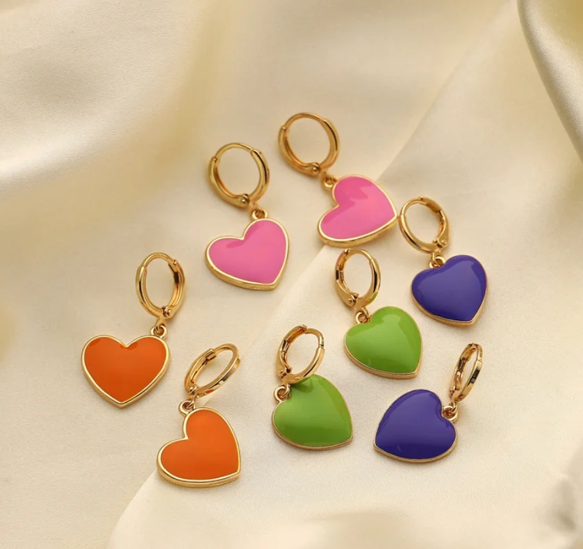 

Summer Fancy drip oil jewelry gold hoop vibrant candy color enamel heart pendent earrings