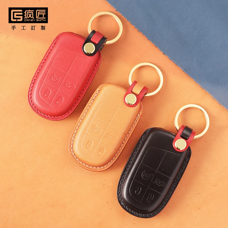 

2021 NEW High Grade LeatherCraft Hand Sewing Genuine Leather Smart Car Key Case Cover for Jeep Grand Cherokee/Guide/Cherokee, 17 color available