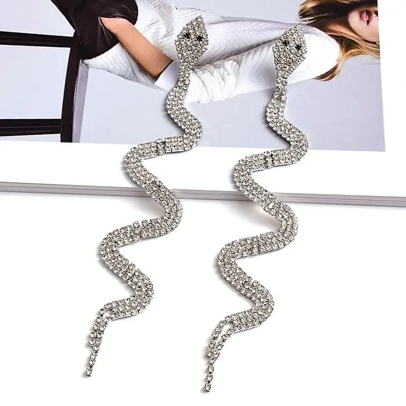 

Exaggerated Crystal Rhinestones Snake Long Earrings Fashion Luxury Brand Designer Diamond Charm Dangle Earrings, Ab multi gold, black, silver