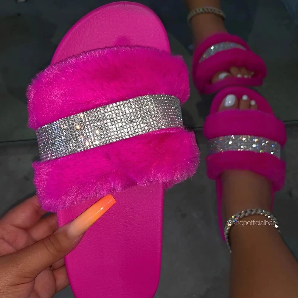 

2020 Flat sandals shoes women bottom plush slippers slides Fashion Furry sandals faux fur rhinestone slippers for women, Rose red, black, rainbow, white,apricot