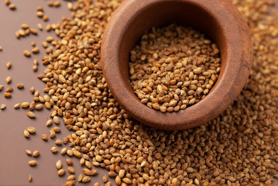 Close-up of cumin seeds next to mortar and pestle showing texture and color