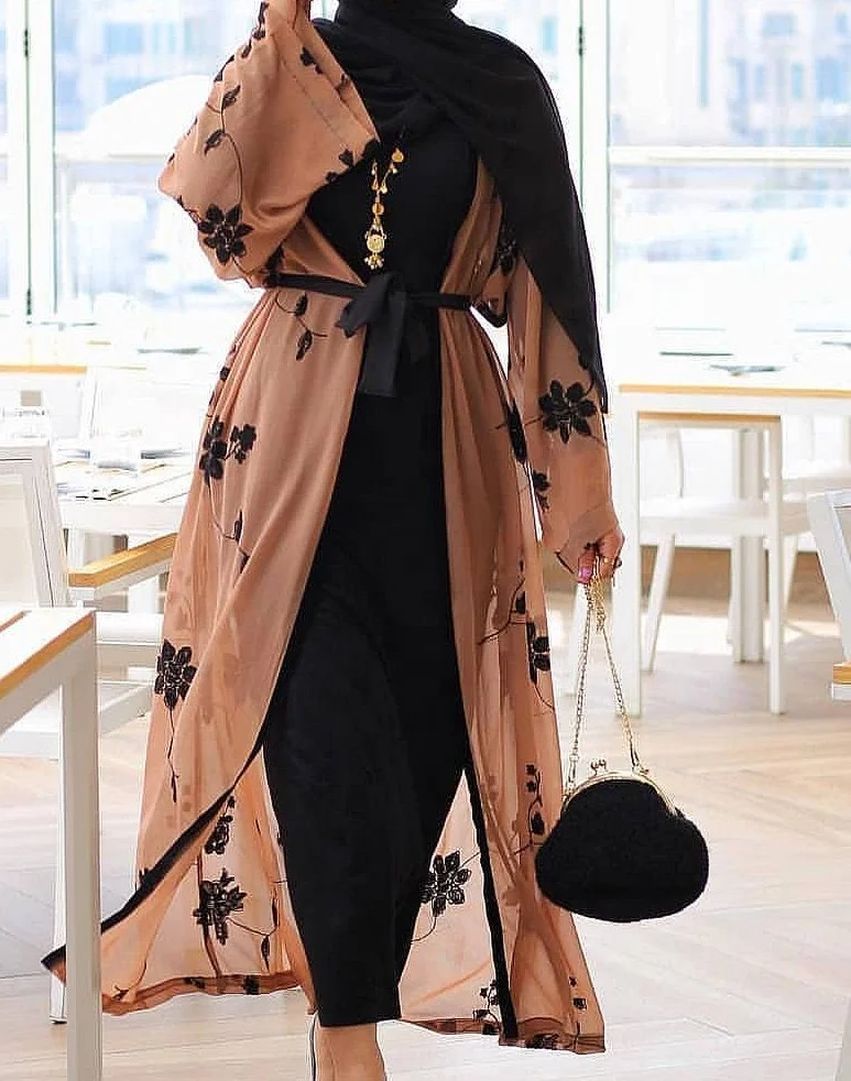 

Elegant Muslim Kimono Long Robes Female Middle East Ramadan Turkish Islamic Print Abaya Cardigan Maxi Dress, 3 colors