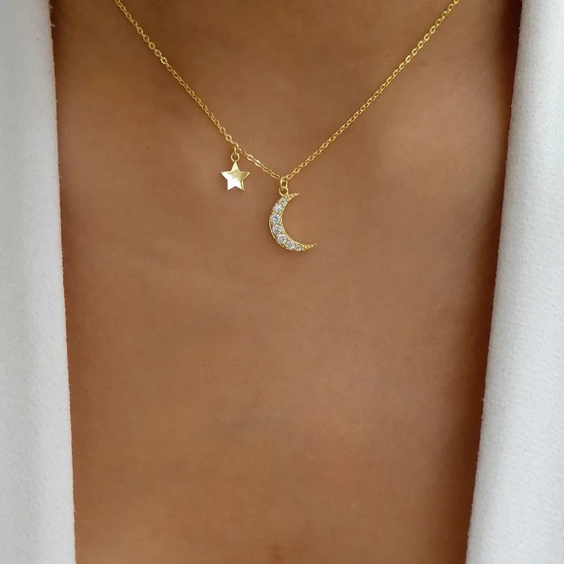 

Bling CZ Crystal Moon Star Pendant Necklace Delicate Cute Small Zircon Moon Necklace for Birthday Gifts