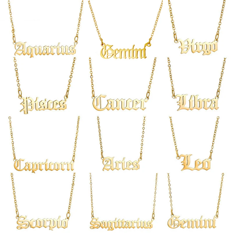 

Fashion Non Tarnish 18K Gold Silver Plated Stainless Steel Old English Astrology 12 Zodiac Sign Necklace Jewelry For Women