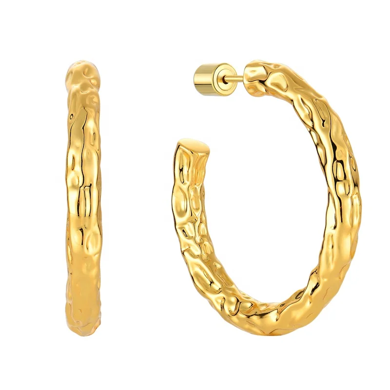 

Oversized Plain Silver Gold Plated 925 Sterling Silver Jewelry hammered finishing 18K yellow gold hoop earring