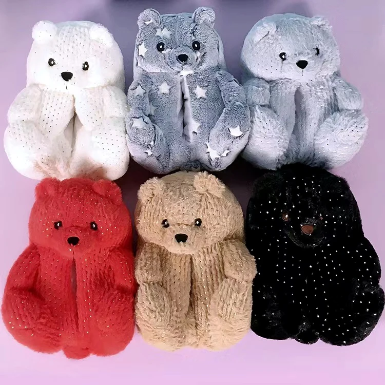 

2022 Wholesale Plush Home Indoor Slipper Glow In The Dark Plush Soft Teddy Bear Plush Slippers For Women's, Mix color is available