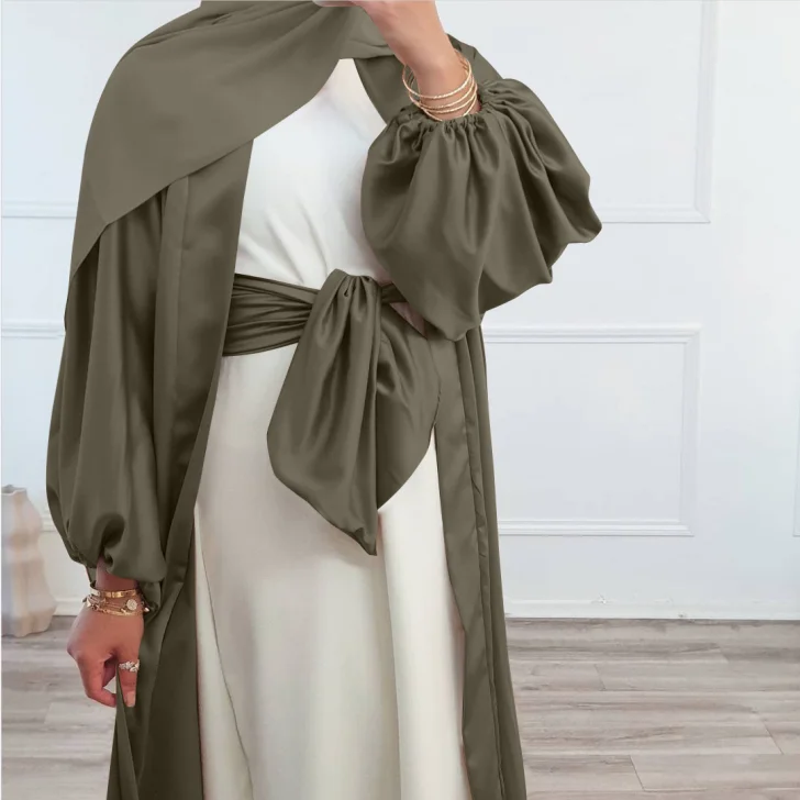 

HJ ZMD20 20%Off Amazon Puff Sleeve Solid Color Satin Open Abaya Women Muslim Dress