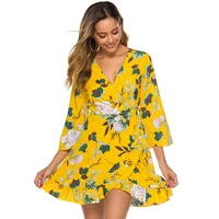

2019 new style summer beach ladies floral yellow long sleeve chiffon fabric ruffles short dress