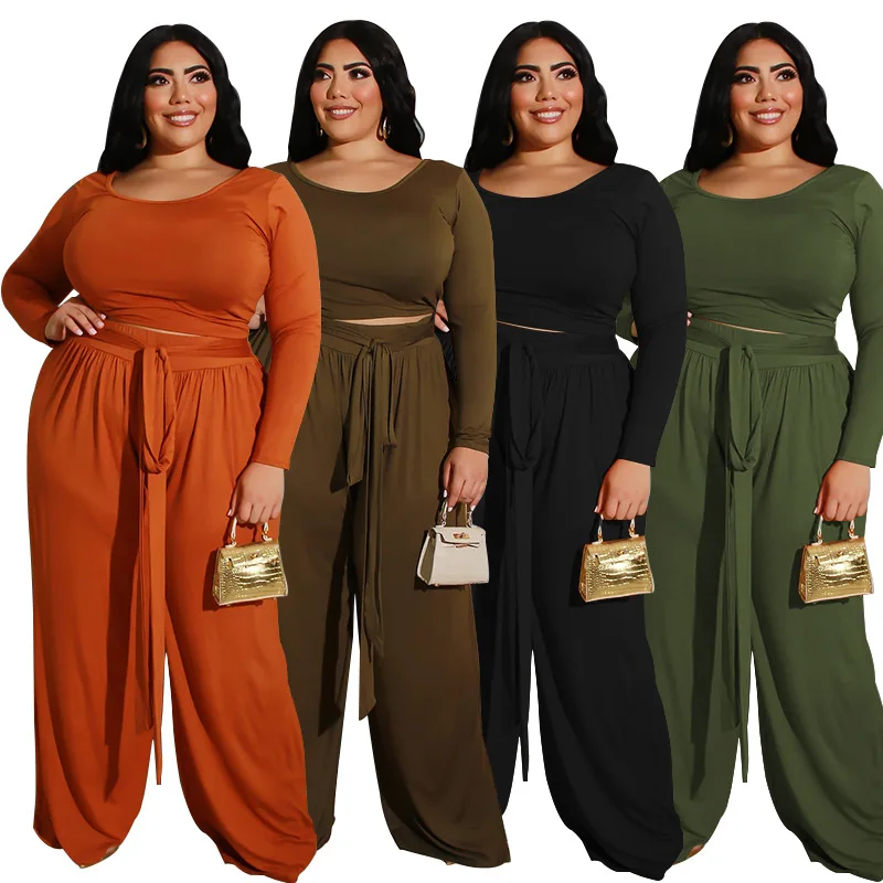 

2021 Fall Winter New Arrivals Stylish Crop Plain Tops Knitted Long Sleeves Pants Sweaters Plus Size Two Piece Set Women Clothing, 4 different color