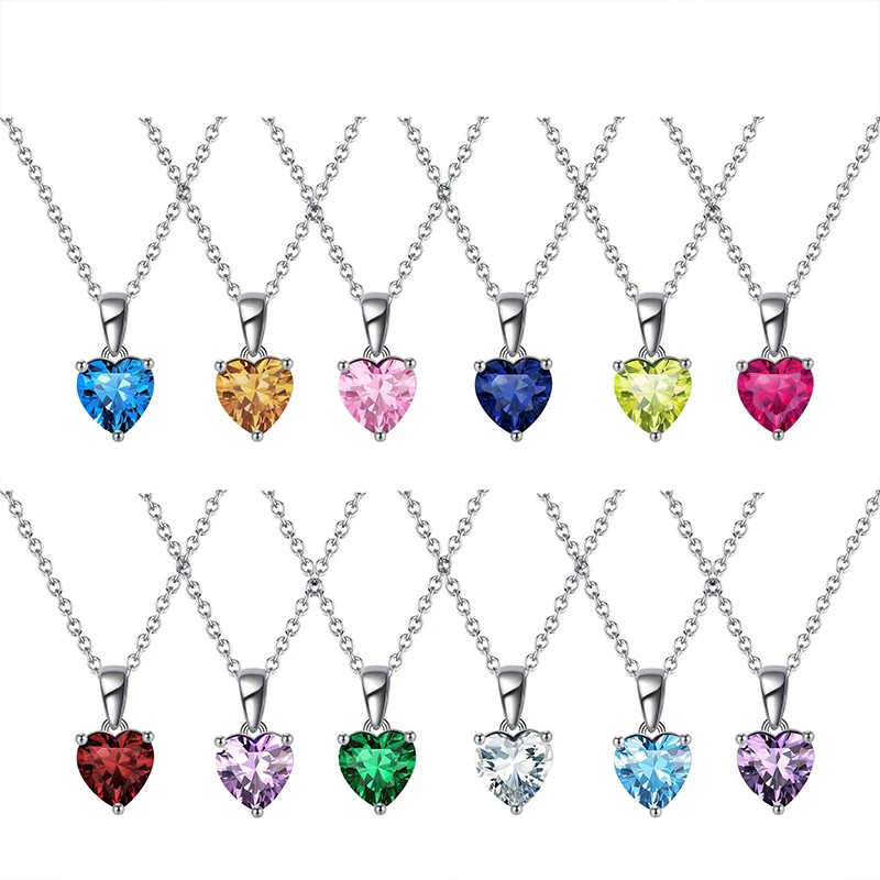

Custom Multi Color Birthstone Heart Necklace Jewelry Real 925 Sterling Silver CZ Zircon Crystal Pendant Necklaces