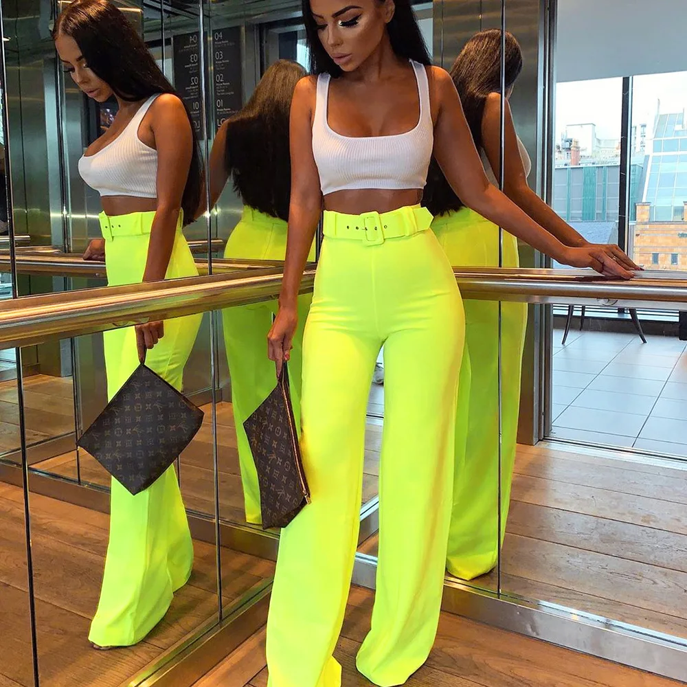 

Streetwear High Waist Women Fashion Straight Wide-leg Pants With Belt, Black , green