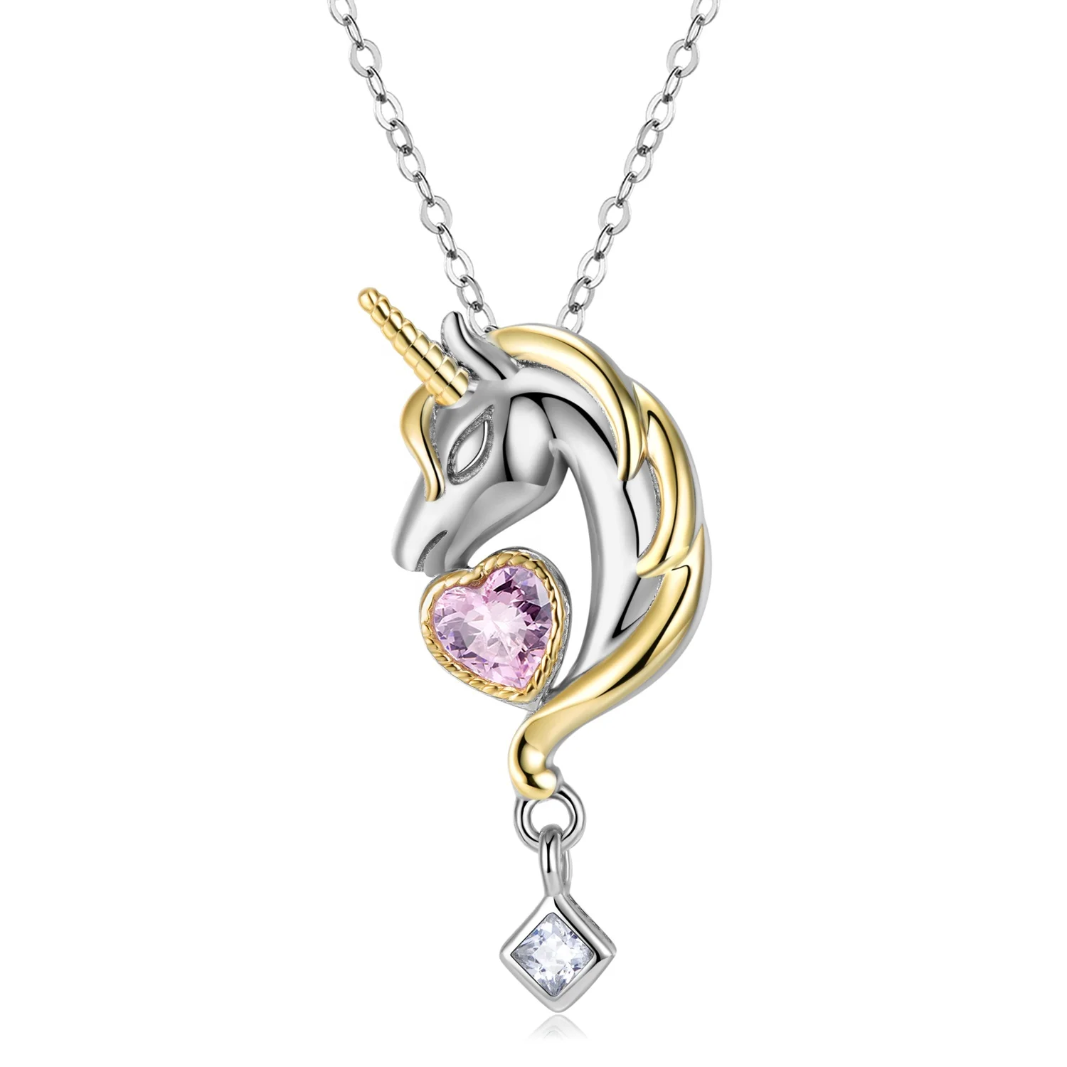 

Unicorn Heart Pendant Necklace with CZ dangle Authentic 925 Sterling Silver beads for Women Necklace Jewelry Gold Plated Gift