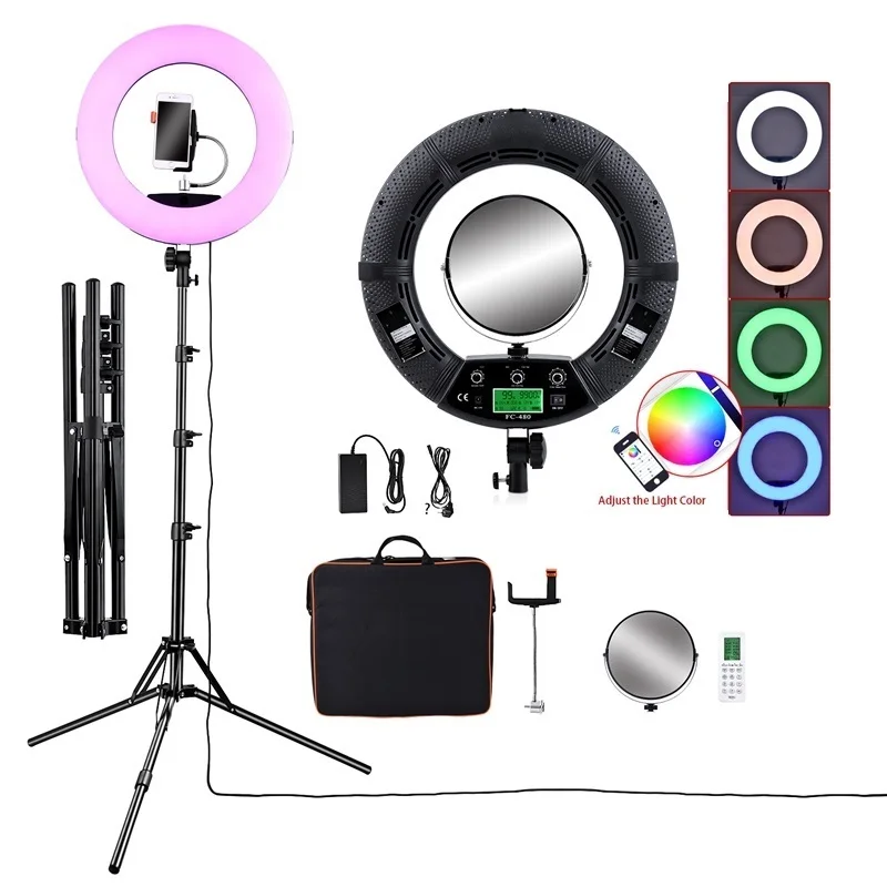 

Indonesia Free Shipping FOSOTO FC-480 LED RGB 18 inch tiktok portable big ring photography light kit with tripod stand mirror, Colorful