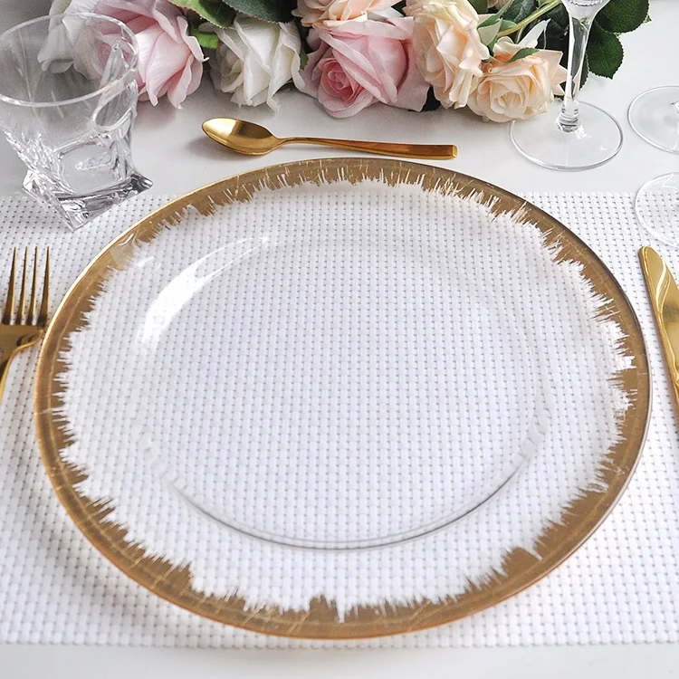 

customized pattern type luxury 33cm round glass clear charger plates with gold wholesale