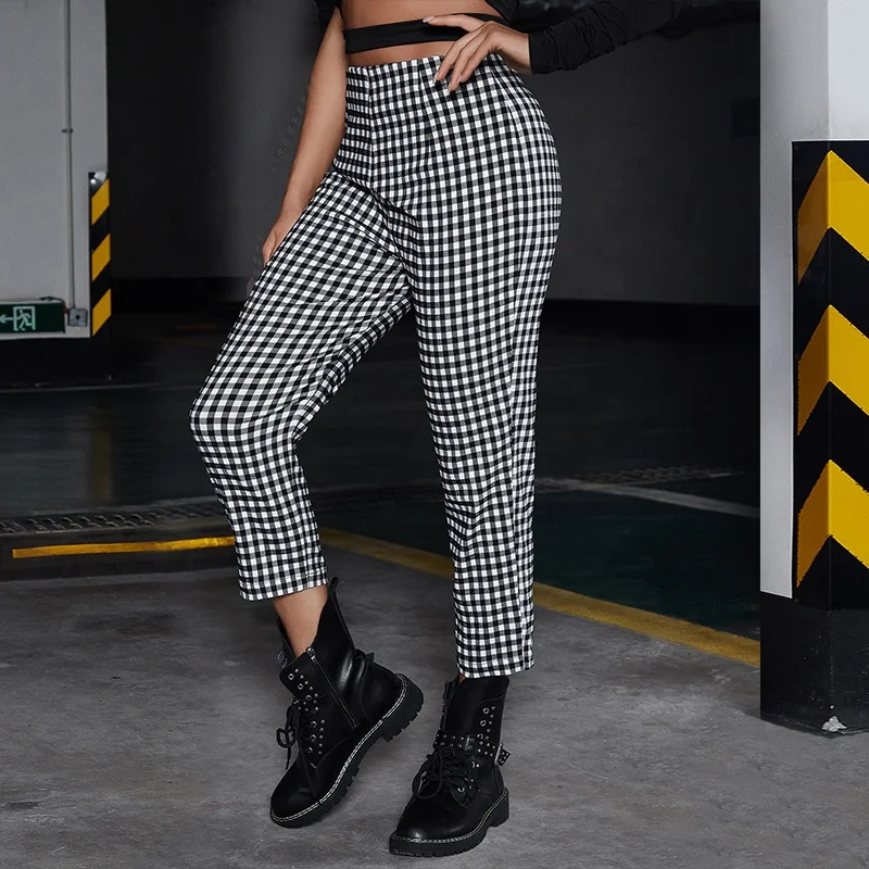 

2021 Womens Casual Work slim high elastic Waist joggers pants Pull On tartan Grid Plaid Check skinny ankle legging Pant, Black ,customized color