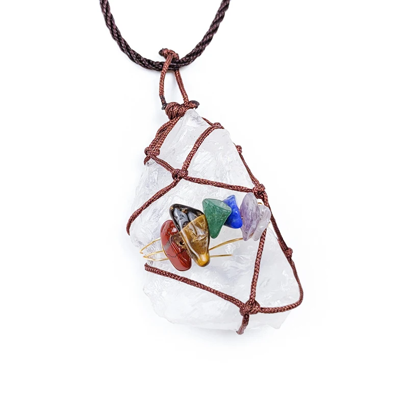 

Wholesale Spiritual Necklace Seven Chakra Crystal Accessory Clear Quartz Raw Stone Pendant