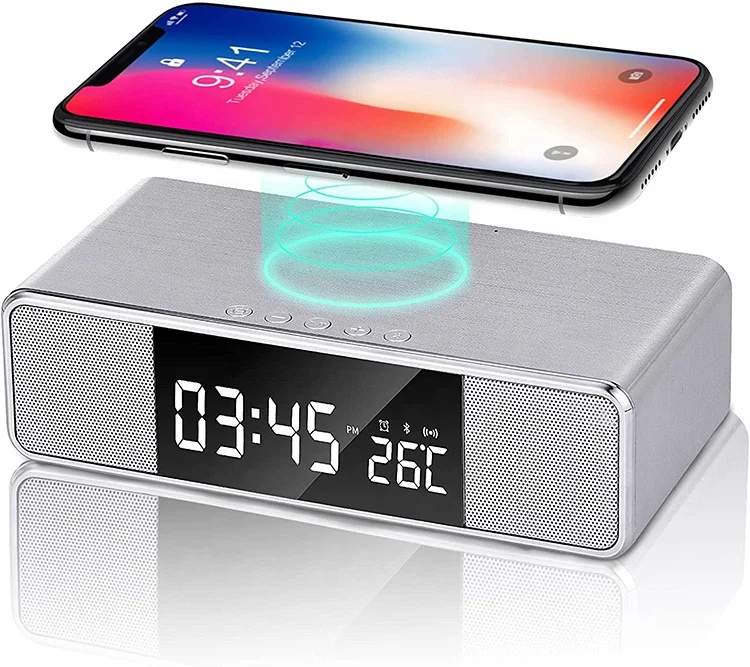 

Alarm Clock Bedside Non Ticking LCD Alarm Clock with USB Output & Wireless Charging, BT Speaker and FM Radio