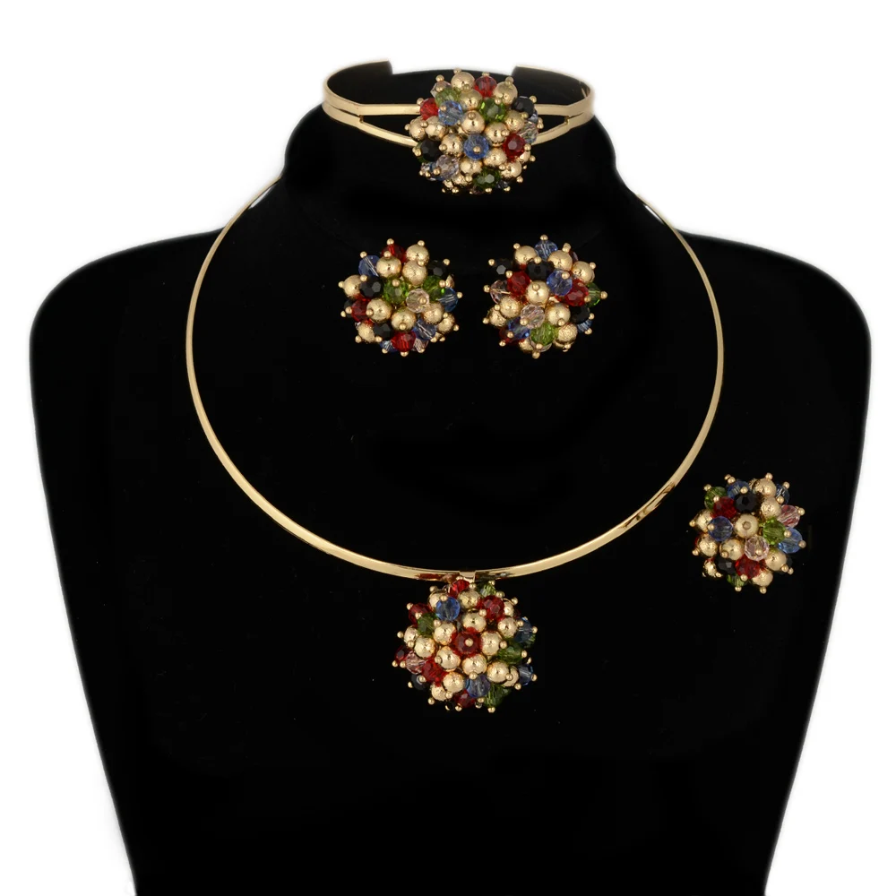 

BPOYB Unique Italian Gold Plated 18k Beads Colorful Crystal Flower Choker Set Women's Accessories Nigeria Costume Jewelry Sets