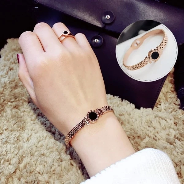 

18K Gold Plated Roman Numerals Bangle Charm Stainless Steel Bracelet Men Women Trendy Unisex Customized Fashion Titanium Jewelry, Rose gold colour