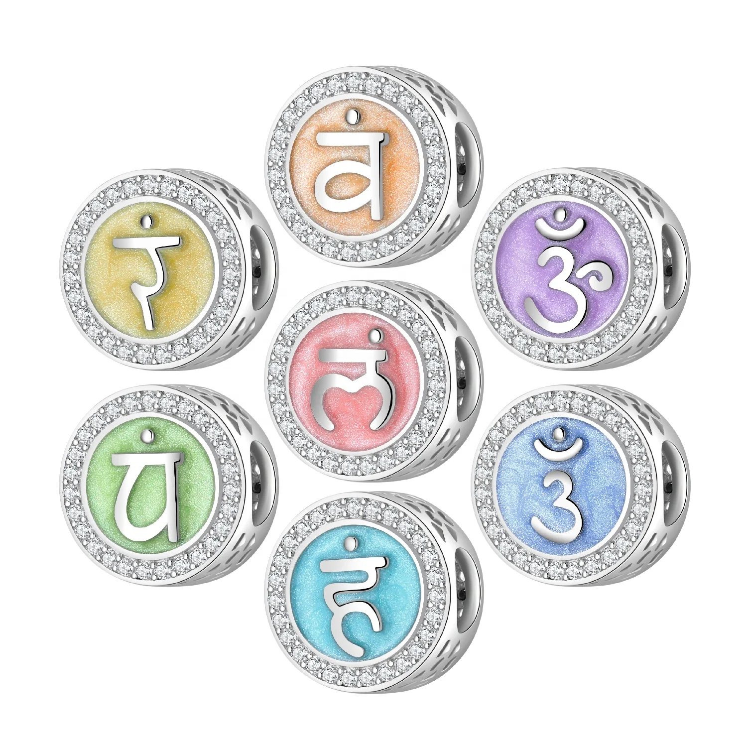 

New Designer Charms 925 sliver Round beads Seven color Chakras with clear CZ Fit Original Women Bracelet Necklace Fine Jewelry