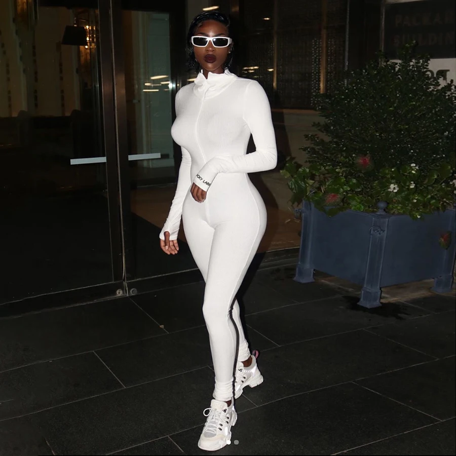 

P1735515 black white zipper jumpsuit women casual full sleeve fitness jumpsuit high collar slim Active Wear jumpsuits