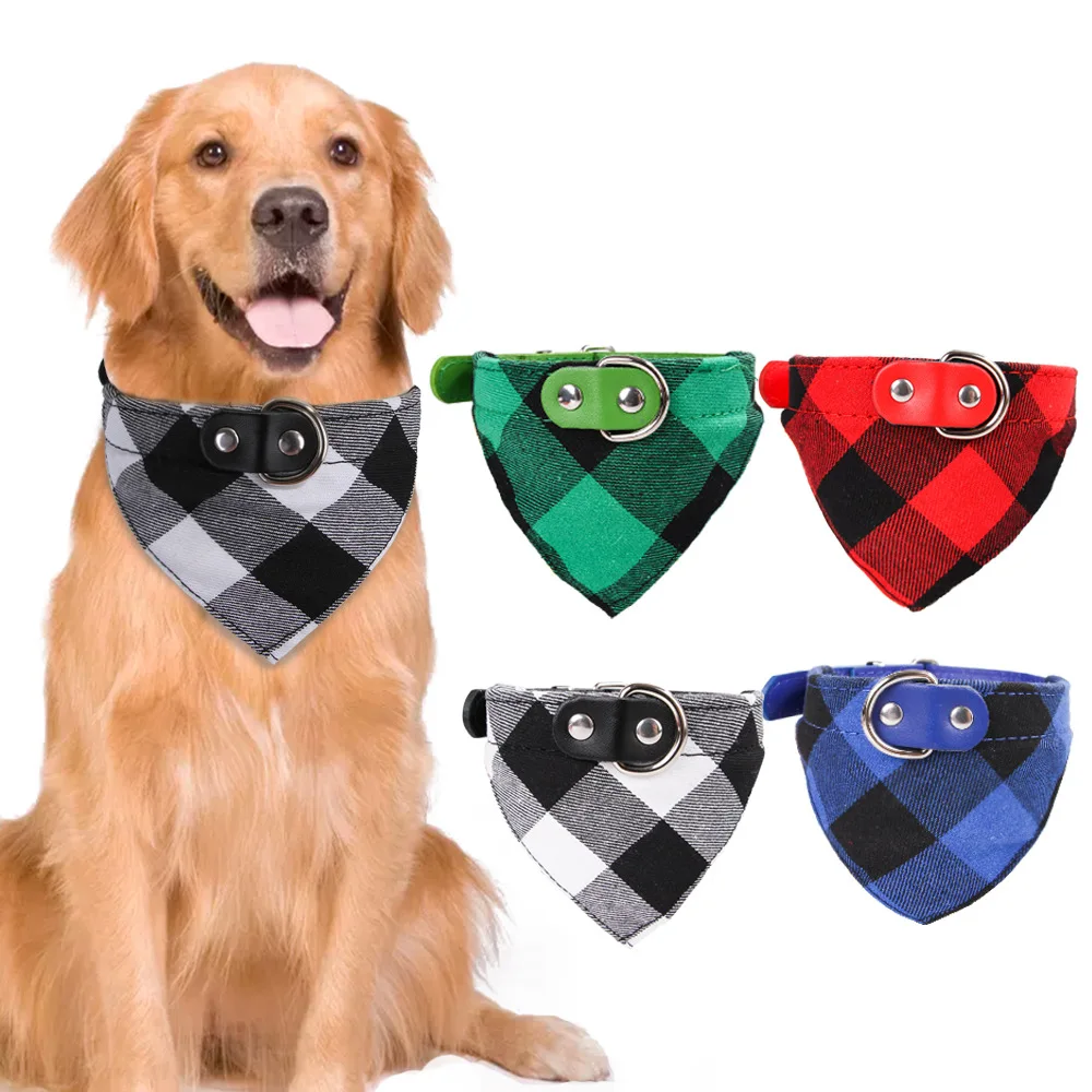 

Wholesale Factory Adjustable Buckle Plaid Triangle Shape Dog Pet Scarf Collar, Black, red,blue, green