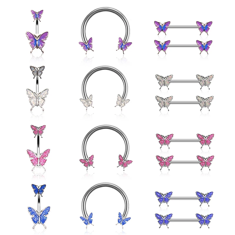 

POENNIS flying series body piercing jewelry butterfly 11tragus daith rook helix piercing butterfly nose rings, Blue,white,pink,purple