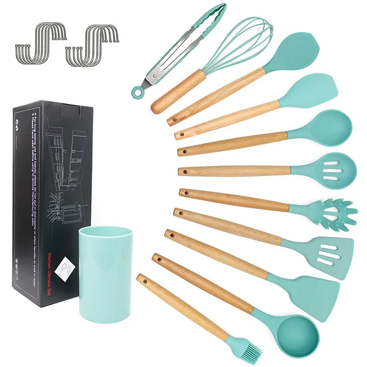 

Eco Friendly Silicone Kichen Utensil Set With Wooden Handle Silicone Utensil Set Spatula Set, Sliver/blue/khaki