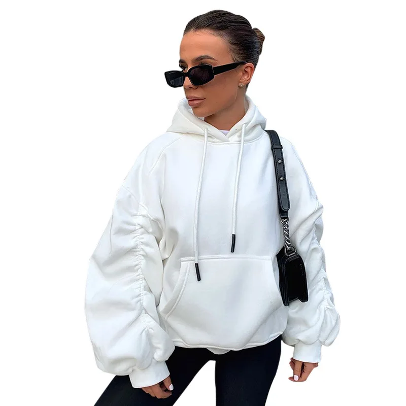 

Women'S Autumn Sweatshirts And Hoodies Pullover Plain With Long Puff Sleeve Daily Workout Wear, White.grey