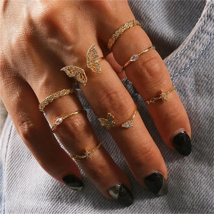 

Bohemian 8-piece Diamond Butterfly Vintage Flower Rings Sets For All Fingers Rings For Women Set, Gold
