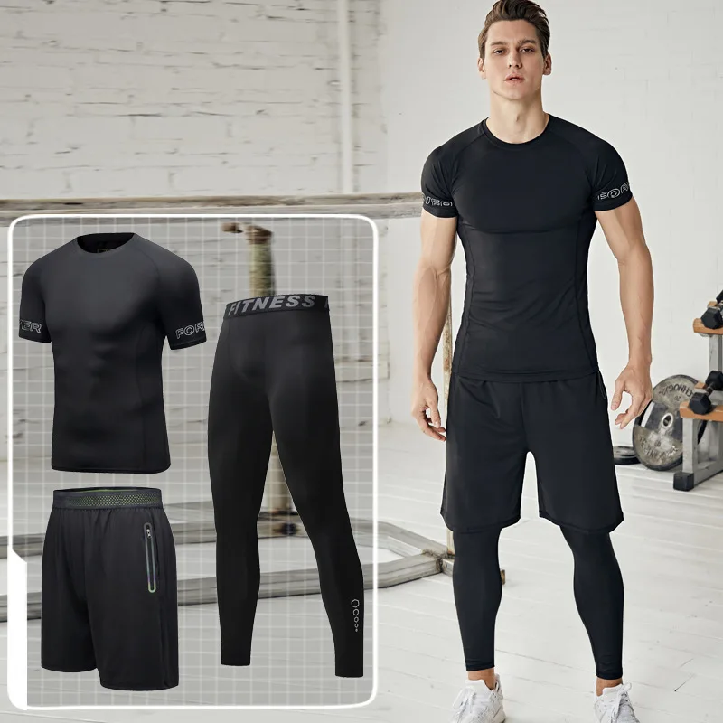 

Quick-drying short-sleeved tights running gym wear sportswear mens tracksuit, Black