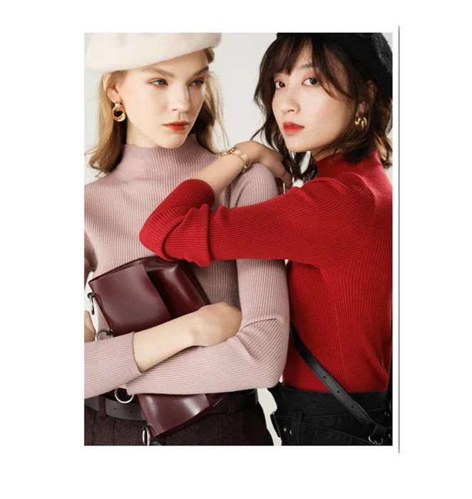 

Autumn and winter new semi high collar striped sweater women's solid color long sleeve bottom sweater Korean slim Pullover Sweat