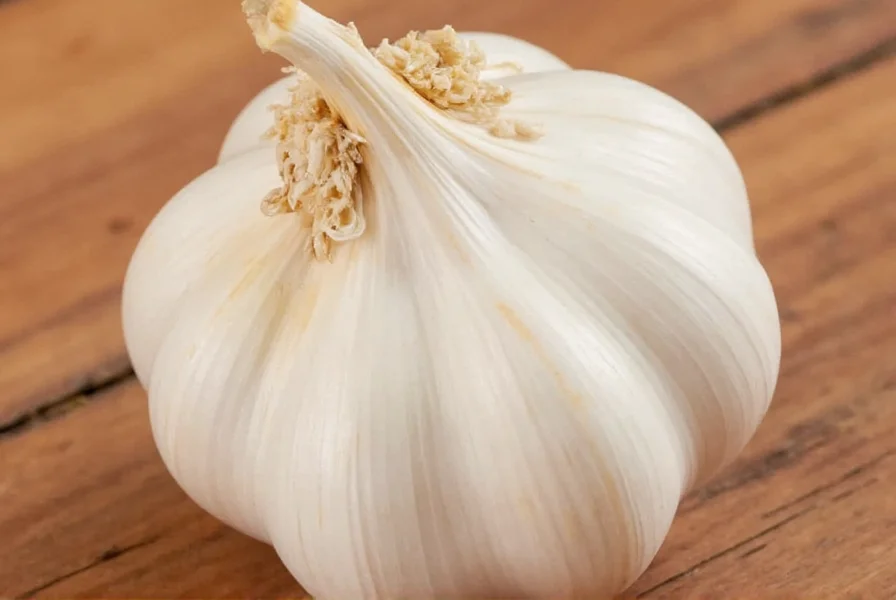 Chef's hand measuring minced garlic in teaspoon next to whole garlic cloves for comparison