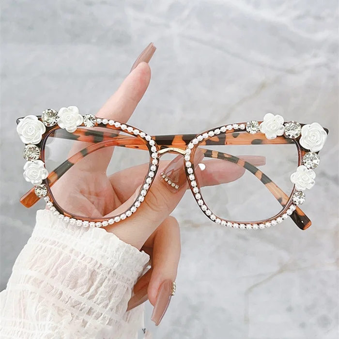 Handmade Diamond Pearl Rose Flower Decoration Clear Anti Blue Light Eyewear Large Frame Cat Eye Myopia Optical Glasses Frame