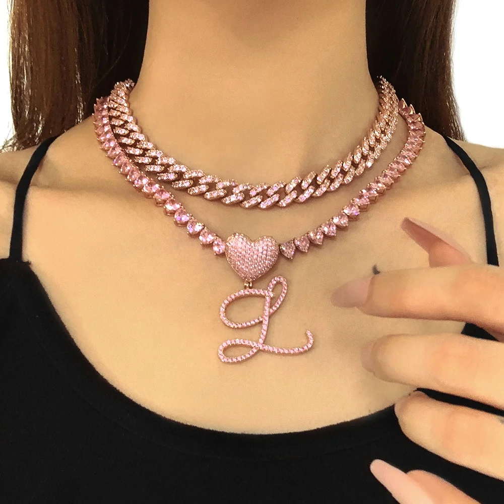 

Iced Out Pink A-Z Alphabet Initial Cursive Pendant Necklace Gold Plated Heart Letter Pendant Jewelry, Picture