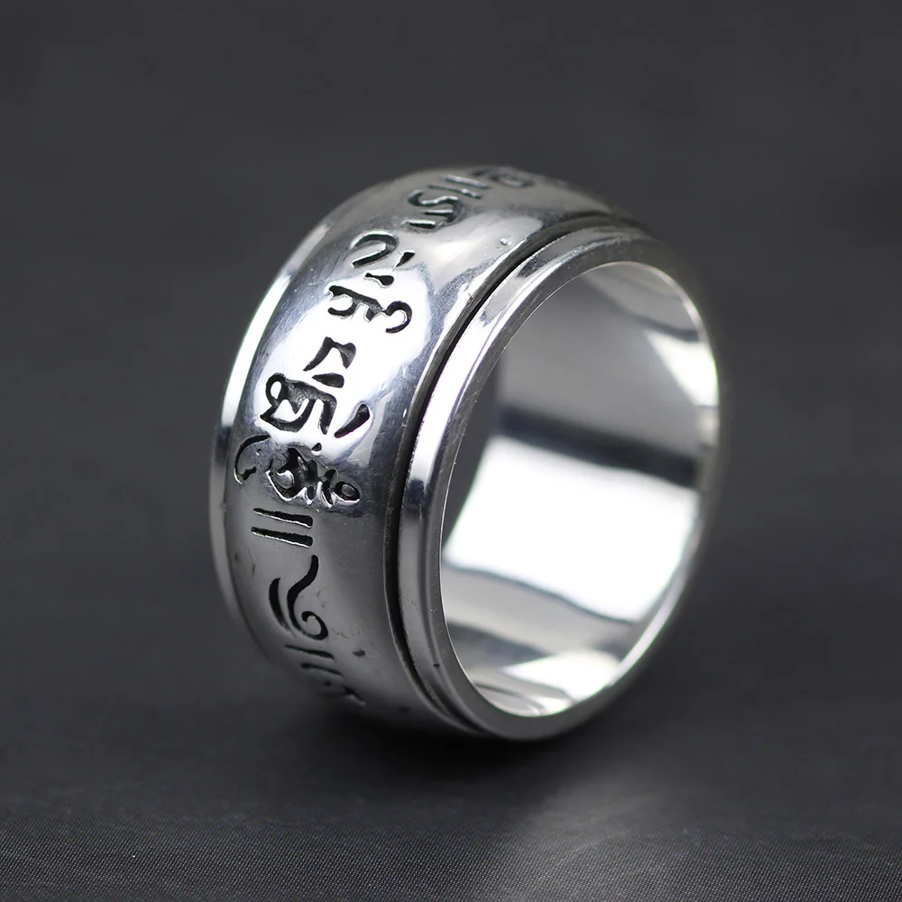 

Real 925 Sterling Silver Mantra Rings Rotatable Shifting Lucky Tibetan Six Words Om Mani Padme Hum Buddha Ring For Men And Women