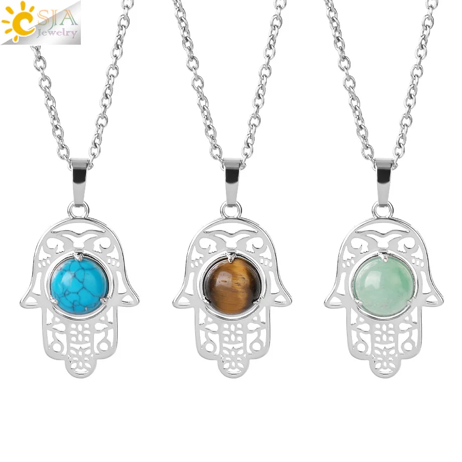 

CSJA Hot Reiki Energy Healing Natural Tiger Eye Opal Crystal Stone Hamsa Hand Pendant Necklace Jewelry H050